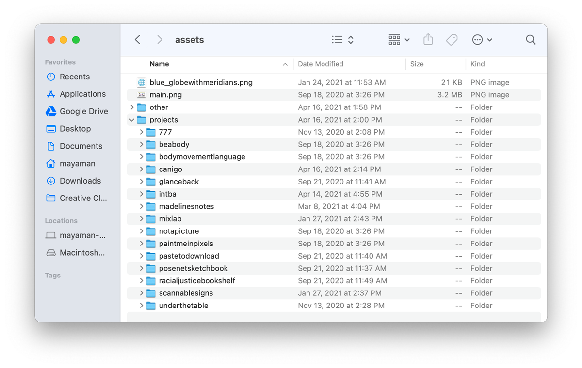 Screenshot of Maya's projects.